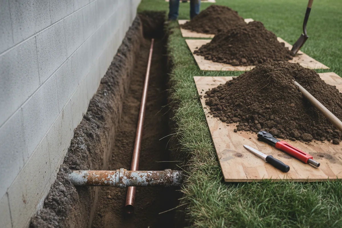Excavated water line trench during Water Heater Repair in Gaston